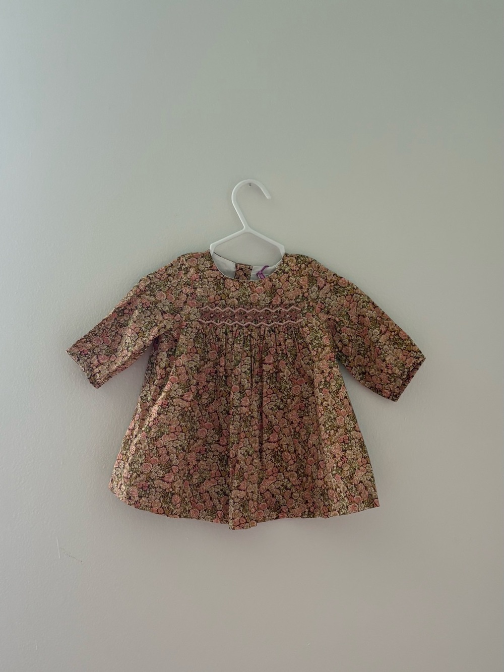 Bonpoint Pink Floral Smocked Long-Sleeve Baby Dress